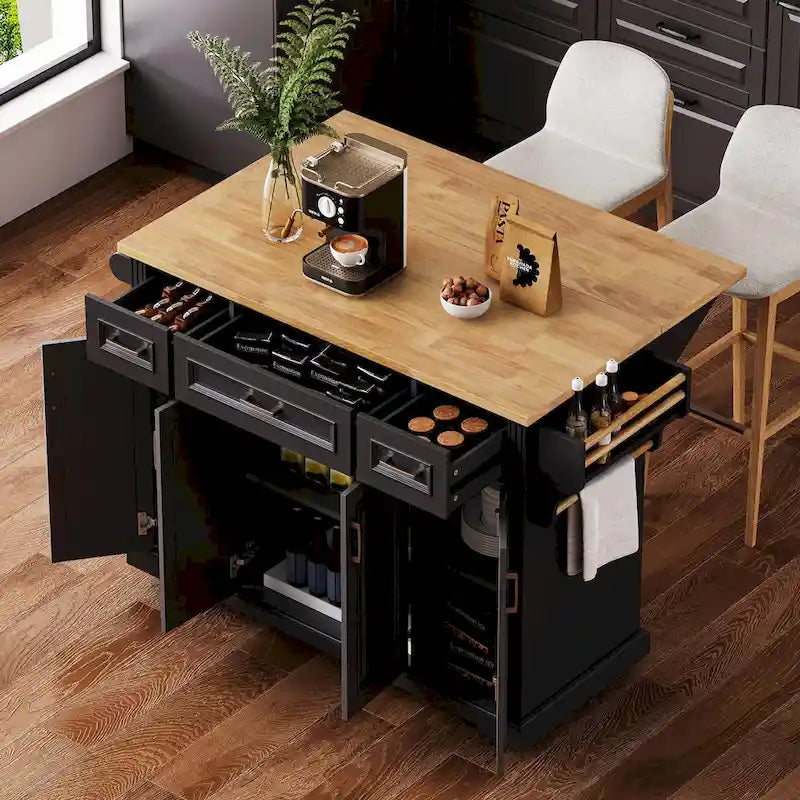 54  Large Kitchen Island with Rubber Wood Drop Leaf, Embossed Texture Rolling Kitchen Cart on 4 Wheels with 4 Doors & 3 Drawers 5