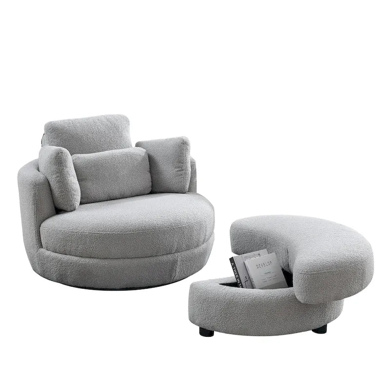 Oversized Swivel Cuddle Barrel Chair with moon storage ottoman 20