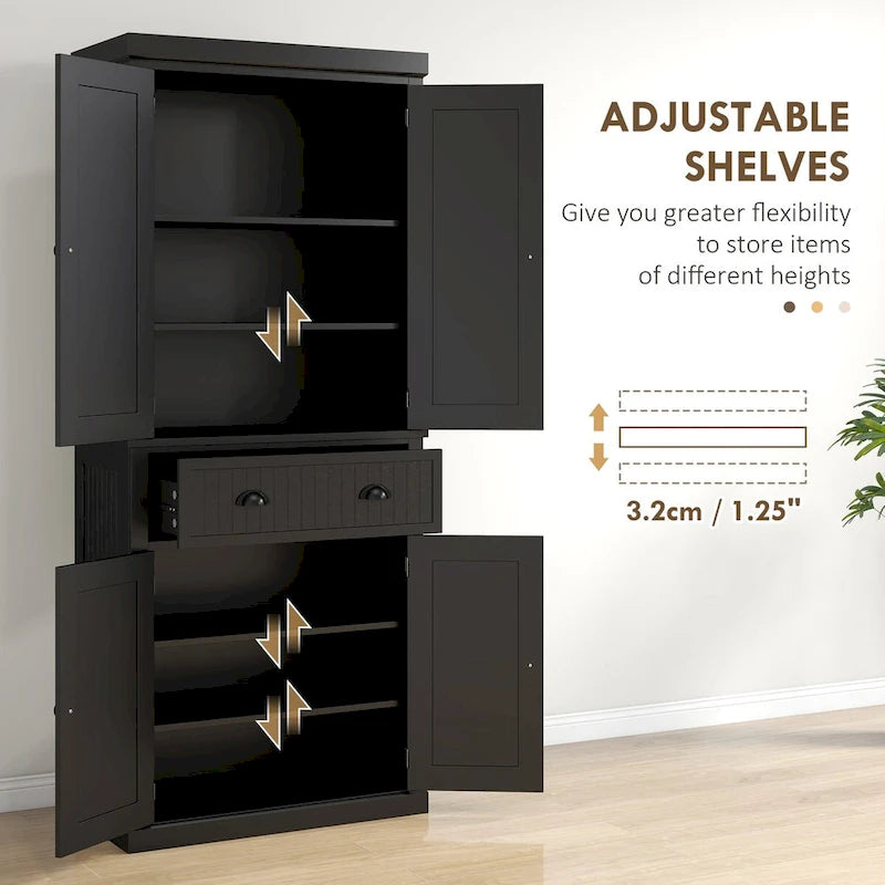 72 Kitchen Pantry Storage Cabinet, Traditional Freestanding Cabinet with 4 Doors and 3 Adjustable Shelves, Large Central Drawer 26