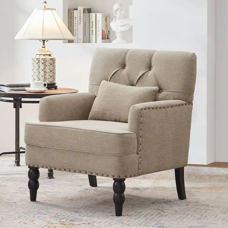 Set of 2 Arm Chair Upholstered Button Tufted Accent Chair with Lumbar Pillow Beige/ Grey/ Light Blue 33