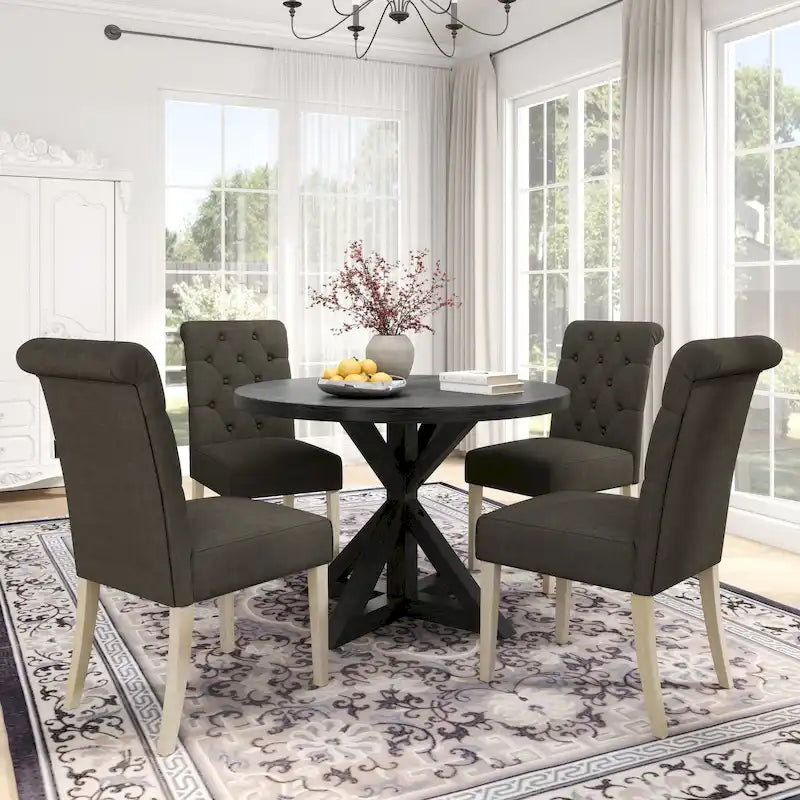 5 Piece Dining Table Set, Wooden Kitchen Furniture Set, Round Table with Cross-Buck Pedestal Base and 4 Tufted Chairs 4