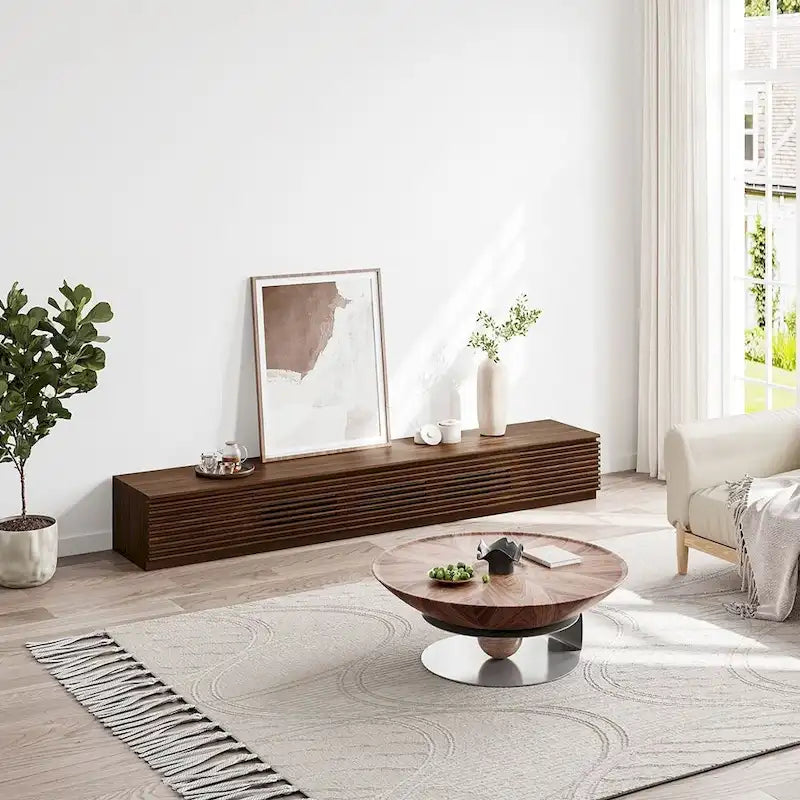 Minimalist TV Stand with DrawersSolid Wood Media Console with Cabinets, Flip-down Door, Walnut Veneer, Fully-Assembled 3