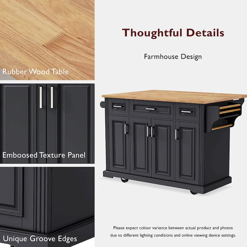54  Large Kitchen Island with Rubber Wood Drop Leaf, Embossed Texture Rolling Kitchen Cart on 4 Wheels with 4 Doors & 3 Drawers 11