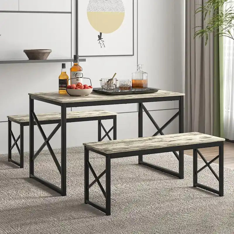VECELO Tavolo da Pranzo 3 Pezzi con Panca, Set Tavolo da Pranzo per 4-6 Posti, Tavolo da Cucina con 2 Panche, Set Tavolo da Pranzo 8
