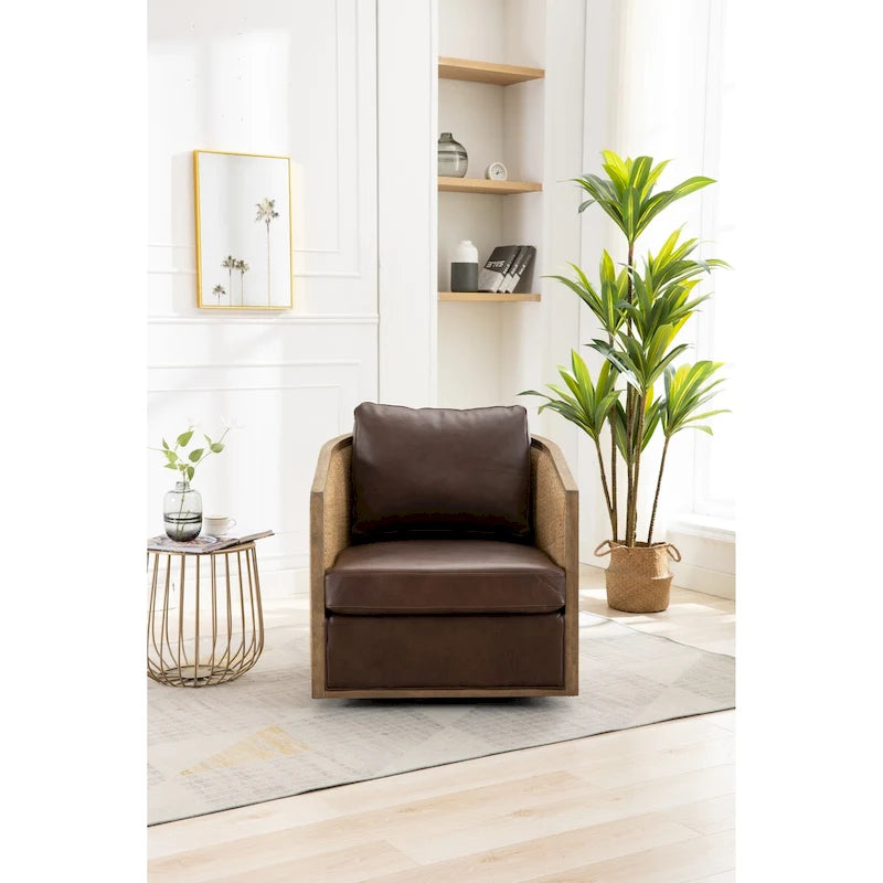 Poltrona a botte girevole, comoda poltrona rotonda d'accento, poltrona club a botte girevole a 360 gradi, poltrona relax con struttura in rattan intrecciato 34