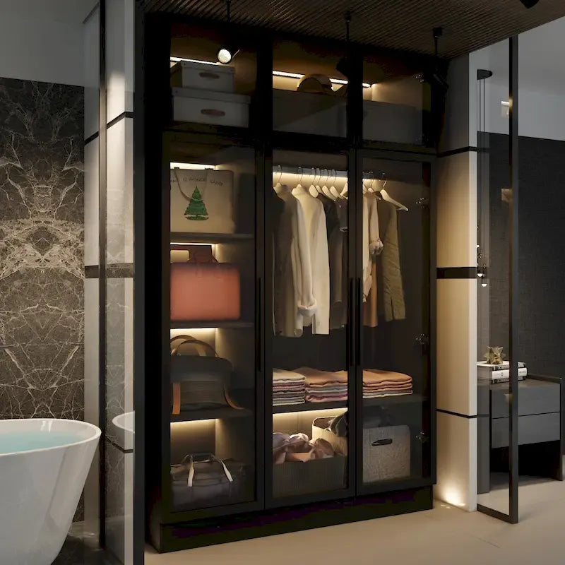 47.2 Wide Armoire LED Light All Glass Door Closet Cabinet Wardrobe 6