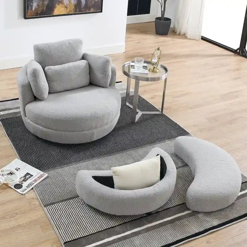 Oversized Swivel Cuddle Barrel Chair with moon storage ottoman 17