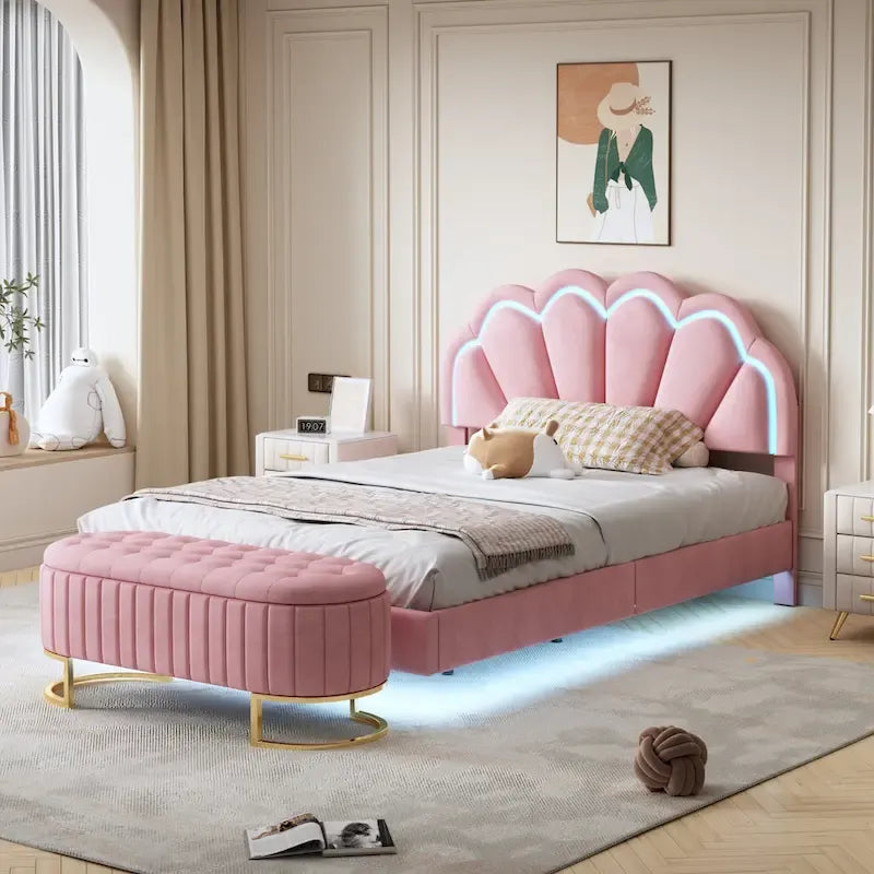 2-Pieces Bedroom Sets Full LED Platform Bed with Storage Ottoman 3