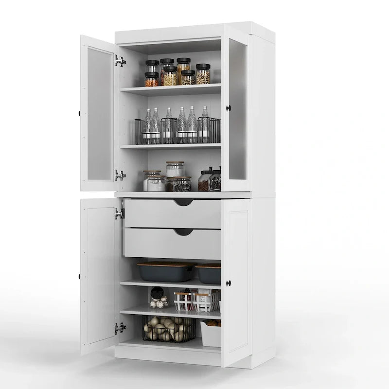 100% Solid Wood Pantry Cabinet with Frosted Glass Doors, Solid Doors, 2-Drawers and Adjustable Shelves 5