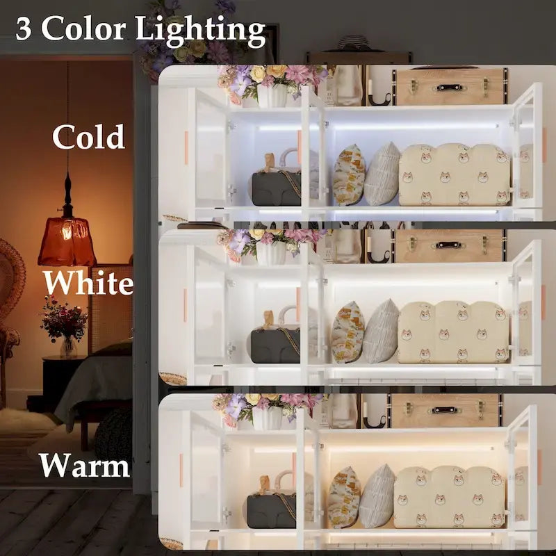 47.2 Wide Armoire LED Light All Glass Door Closet Cabinet Wardrobe 25