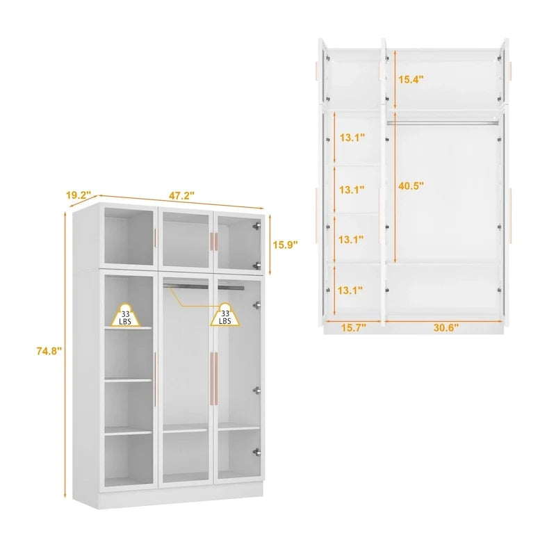 47.2 Wide Armoire LED Light All Glass Door Closet Cabinet Wardrobe 20