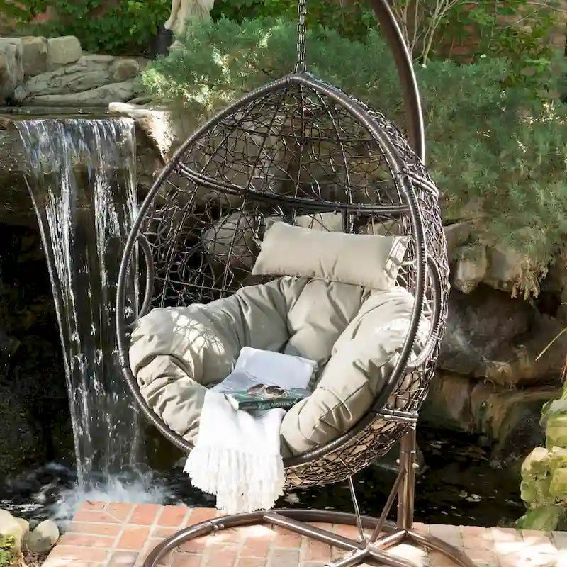 Waterproof Outdoor Wicker Hanging Basket Chair with Cushions, Hammock Seat - 300 lbs Capacity 12