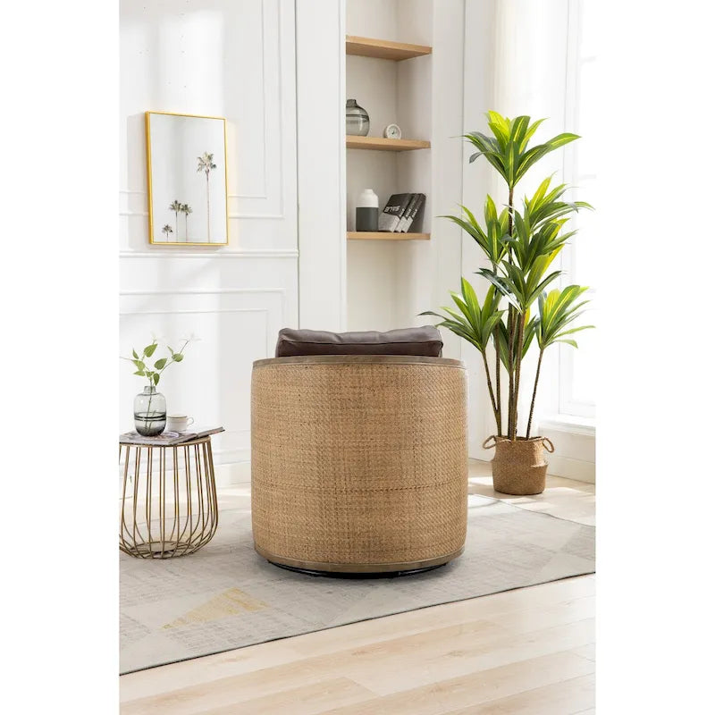 Poltrona a botte girevole, comoda poltrona rotonda d'accento, poltrona club a botte girevole a 360 gradi, poltrona relax con struttura in rattan intrecciato 35