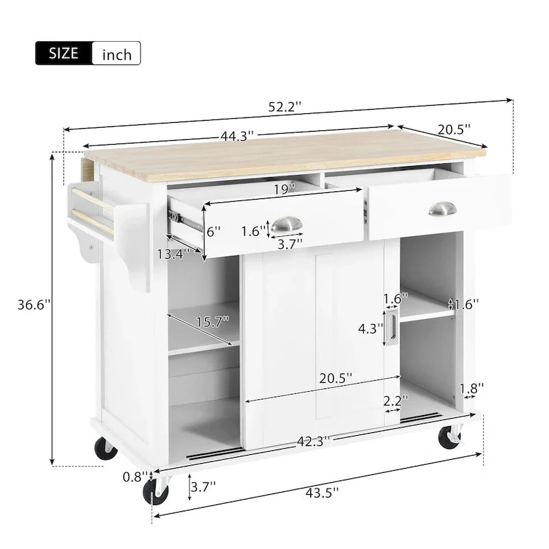 Kitchen Cart with Rubber wood Drop-Leaf Countertop, Concealed sliding barn door adjustable height,Kitchen Island on 4 Wheels 15