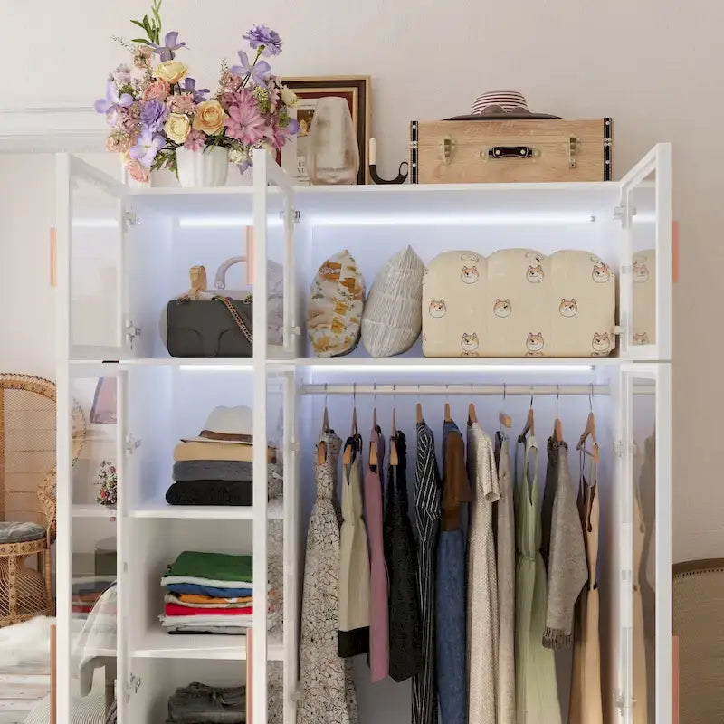 47.2 Wide Armoire LED Light All Glass Door Closet Cabinet Wardrobe 22