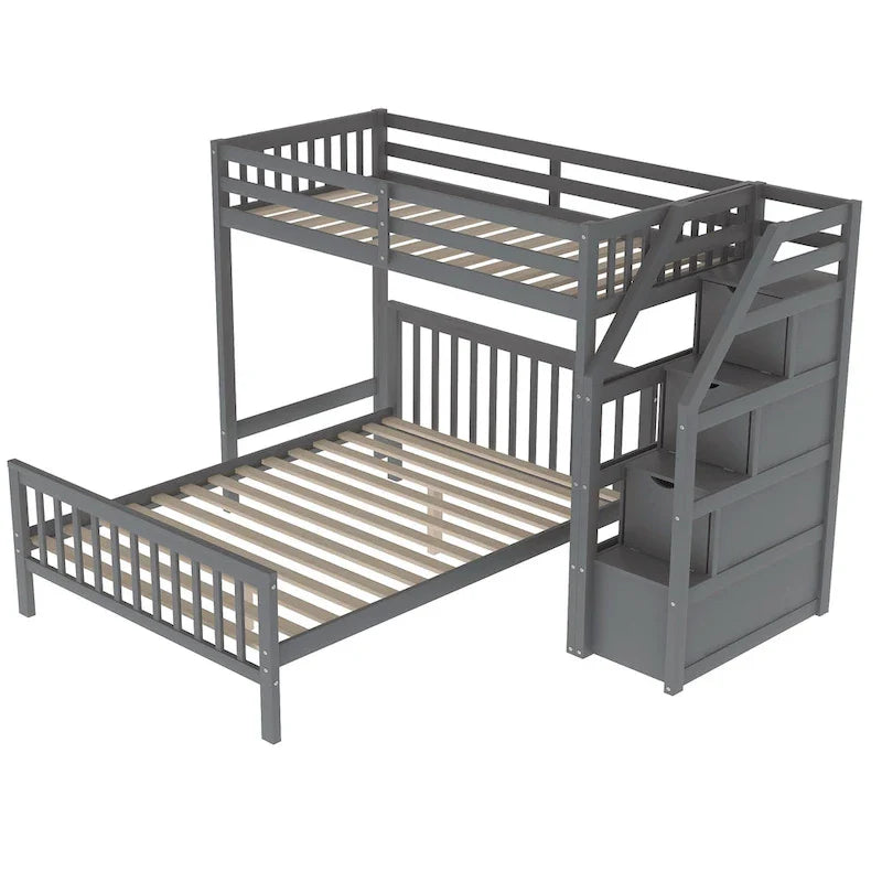 Twin Over Full Wood Loft Bed with Staircase,High Guardrails and Ladder 14
