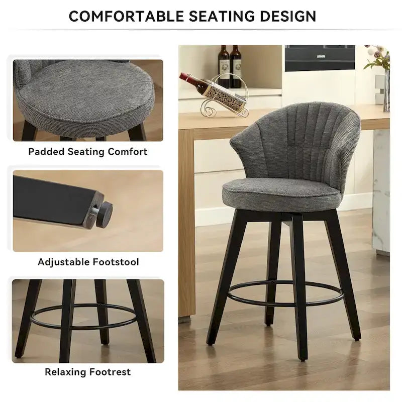 Swivel Bar Stools Set of 2, Upholstered Dining Room Chairs with Wide Backrest, Counter Height Chair with Metal Legs 20
