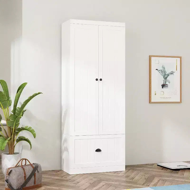Hitow White Wardrobe Double Door Single Drawer 4 Levels of Storage