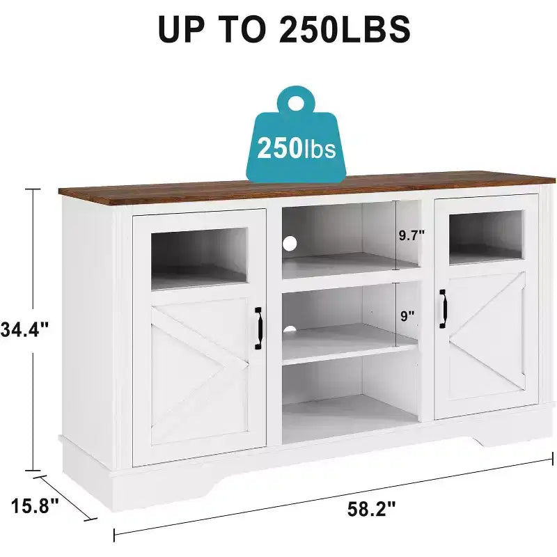 Acekool Farmhouse TV Stand with LED Lights, Elegant Entertainment Center for 65 Inch TVs, with Storage Cabinets and Open Shelves