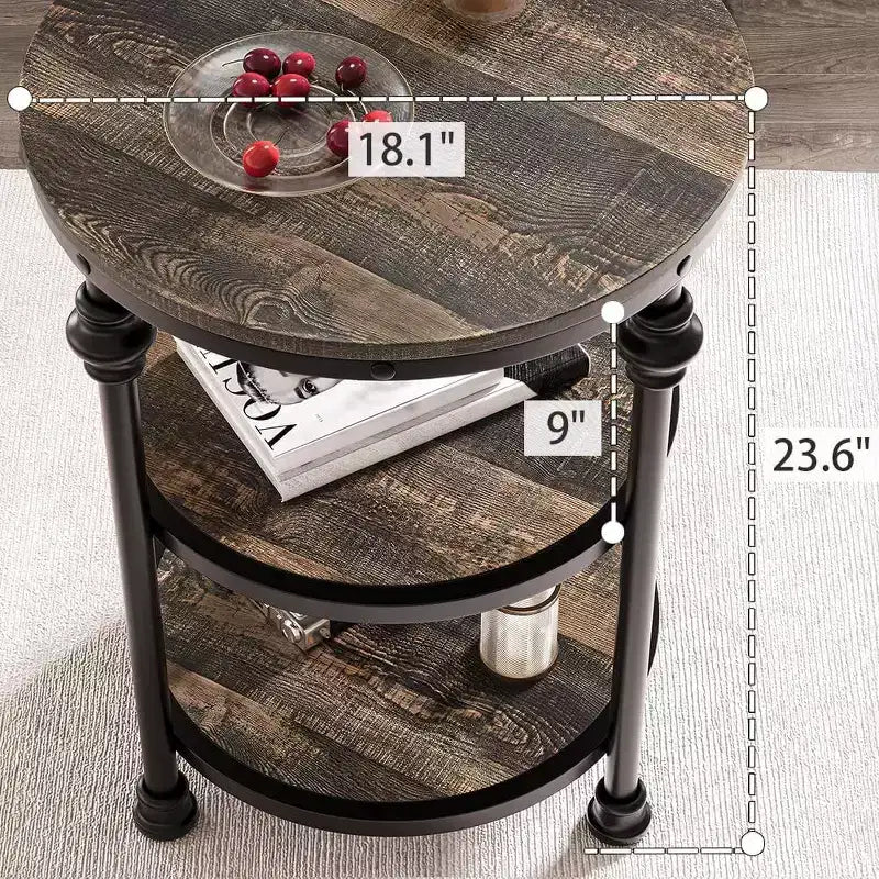 Tavolino da salotto rotondo a 3 livelli Acekool con struttura in metallo, tavolino da comodino rustico per soggiorno e camera da letto, design industriale