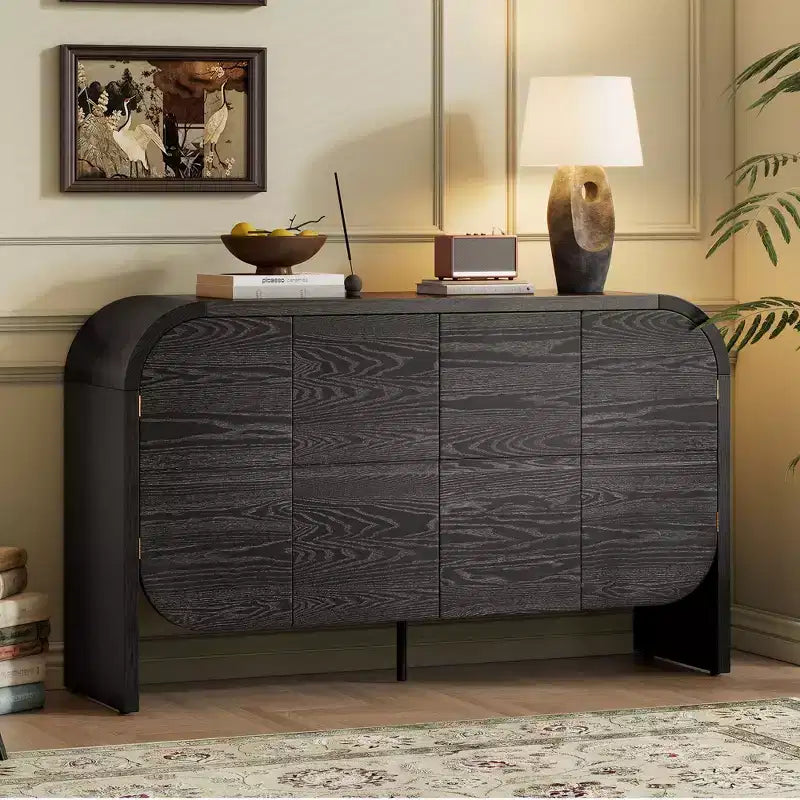 Wood Sideboard Cabinet with Curvy Edge, 4 Doors Retro Credenza Storage Cabinet with Adjustable Shelves for Living Room