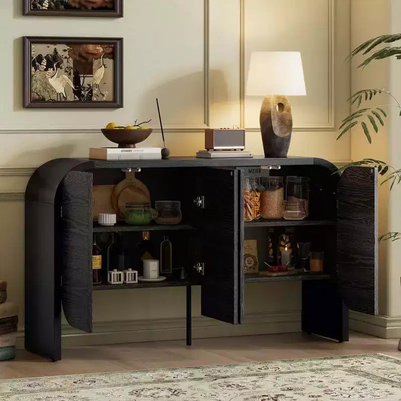 Mobile Credenza in Legno con Bordo Curvo, Credenza Retrò a 4 Ante con Ripiani Regolabili per Soggiorno
