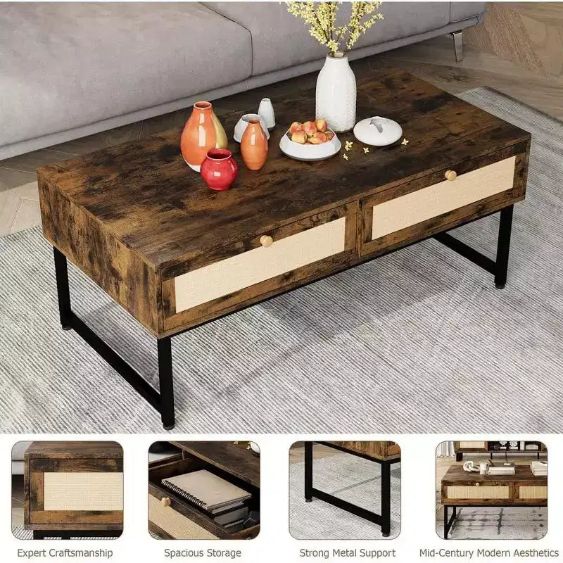 Acekool 46 Metal Frame Rattan Coffee Table with Double Drawers, Hidden Storage Compartment & Open Shelf 10