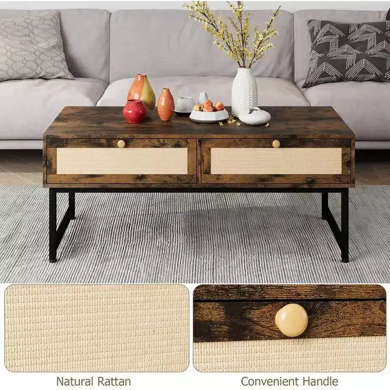 Acekool 46 Metal Frame Rattan Coffee Table with Double Drawers, Hidden Storage Compartment & Open Shelf 11