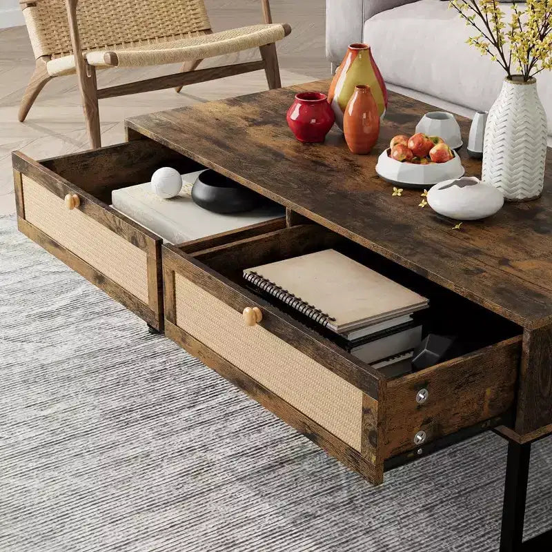 Acekool 46 Metal Frame Rattan Coffee Table with Double Drawers, Hidden Storage Compartment & Open Shelf 12