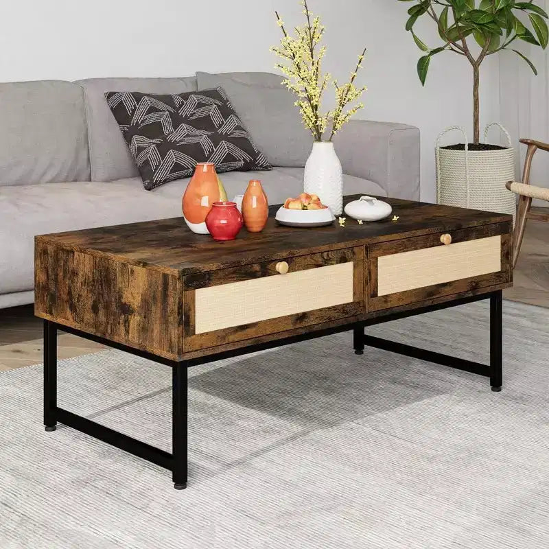 Acekool 46 Metal Frame Rattan Coffee Table with Double Drawers, Hidden Storage Compartment & Open Shelf 13