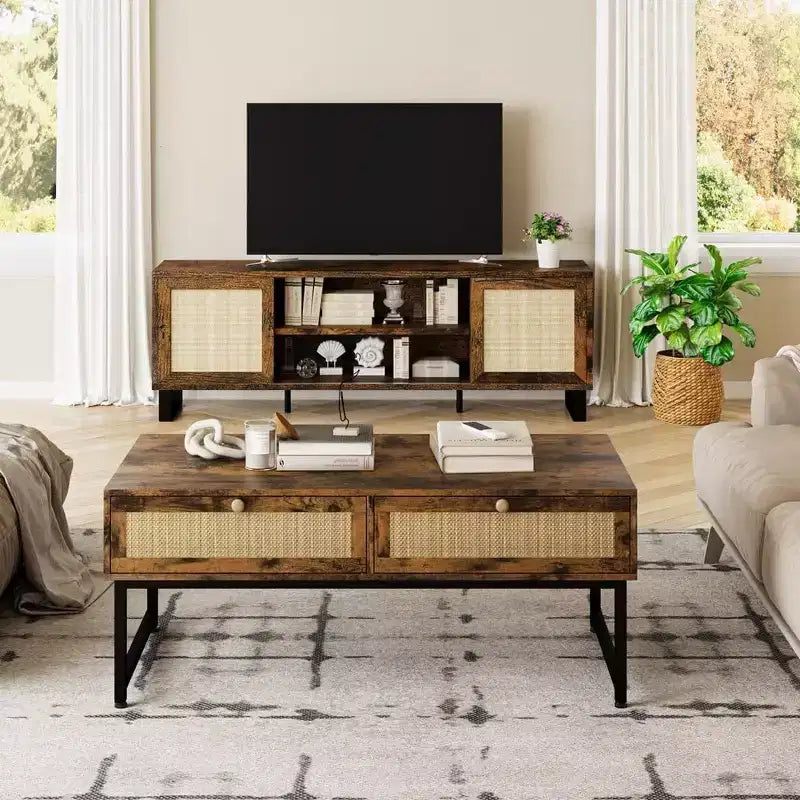 Acekool 46 Metal Frame Rattan Coffee Table with Double Drawers, Hidden Storage Compartment & Open Shelf 14