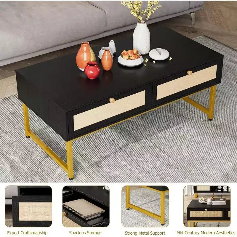 Acekool 46 Metal Frame Rattan Coffee Table with Double Drawers, Hidden Storage Compartment & Open Shelf 3