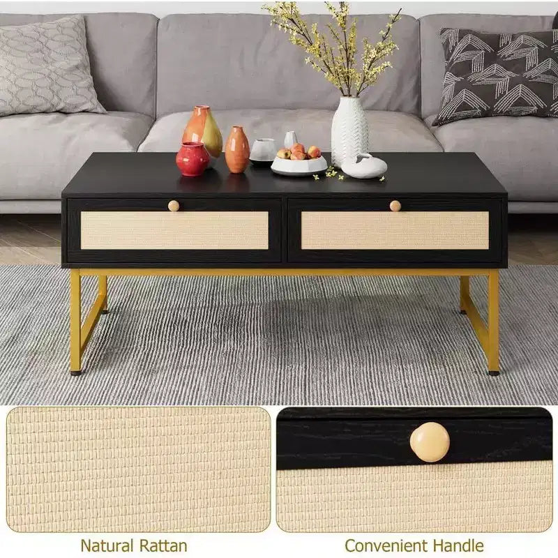 Acekool 46 Metal Frame Rattan Coffee Table with Double Drawers, Hidden Storage Compartment & Open Shelf 4