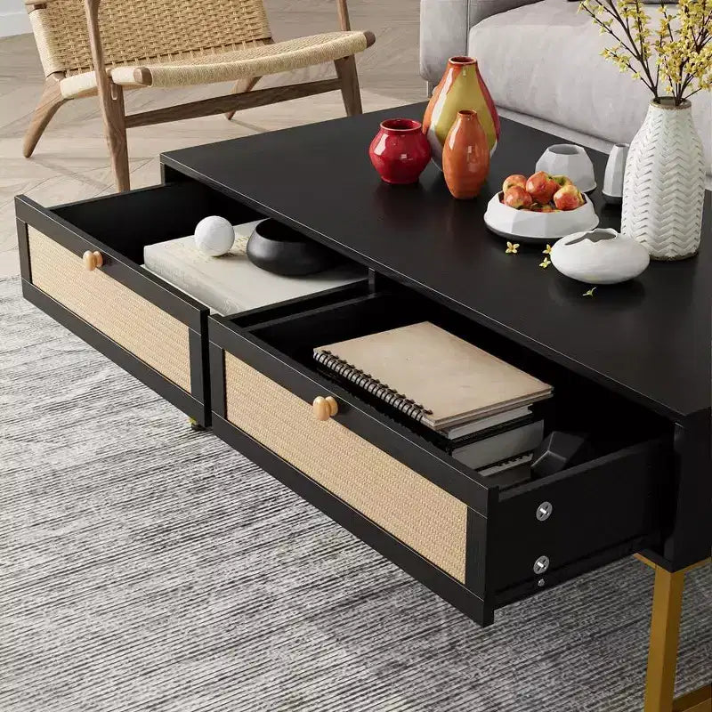 Acekool 46 Metal Frame Rattan Coffee Table with Double Drawers, Hidden Storage Compartment & Open Shelf 5