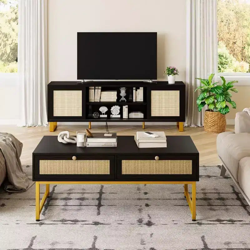 Acekool 46 Metal Frame Rattan Coffee Table with Double Drawers, Hidden Storage Compartment & Open Shelf 6