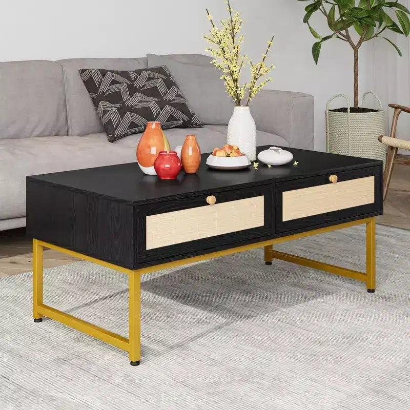 Acekool 46 Metal Frame Rattan Coffee Table with Double Drawers, Hidden Storage Compartment & Open Shelf 7