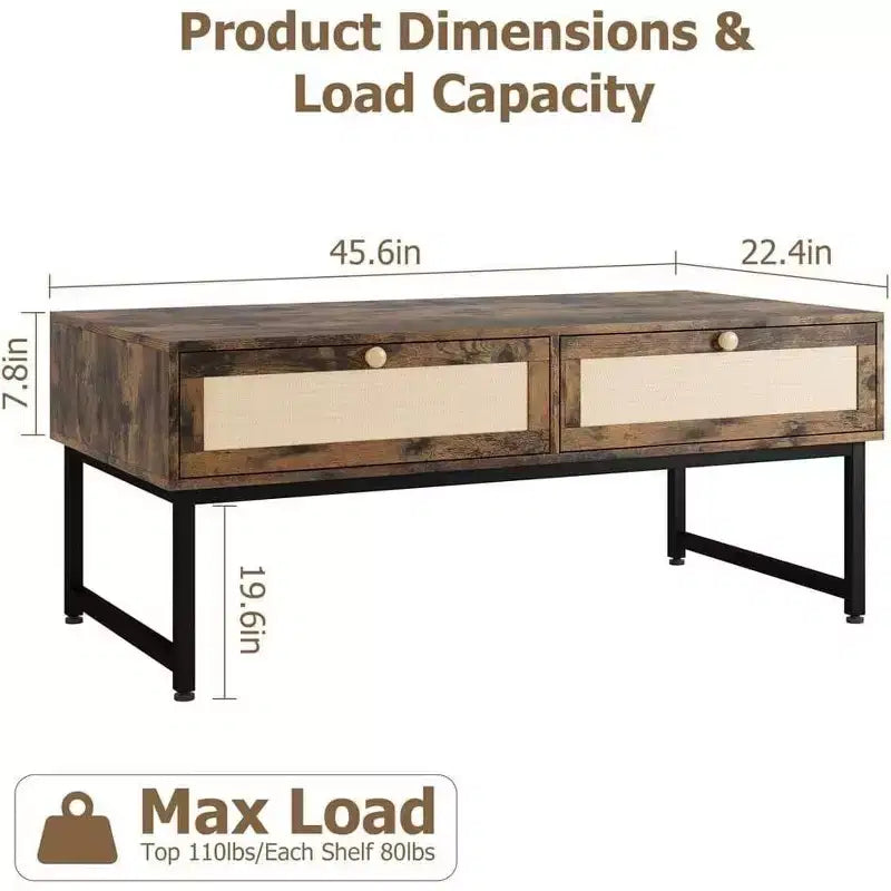 Acekool 46 Metal Frame Rattan Coffee Table with Double Drawers, Hidden Storage Compartment & Open Shelf 9