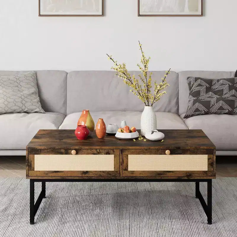 Acekool 46 Metal Frame Rattan Coffee Table with Double Drawers, Hidden Storage Compartment & Open Shelf 8
