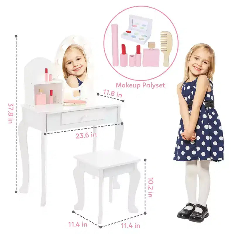 Kids Vanity Set with Stool - Wooden Princess Makeup Table with Mirror, Play Cosmetics & Storage 10