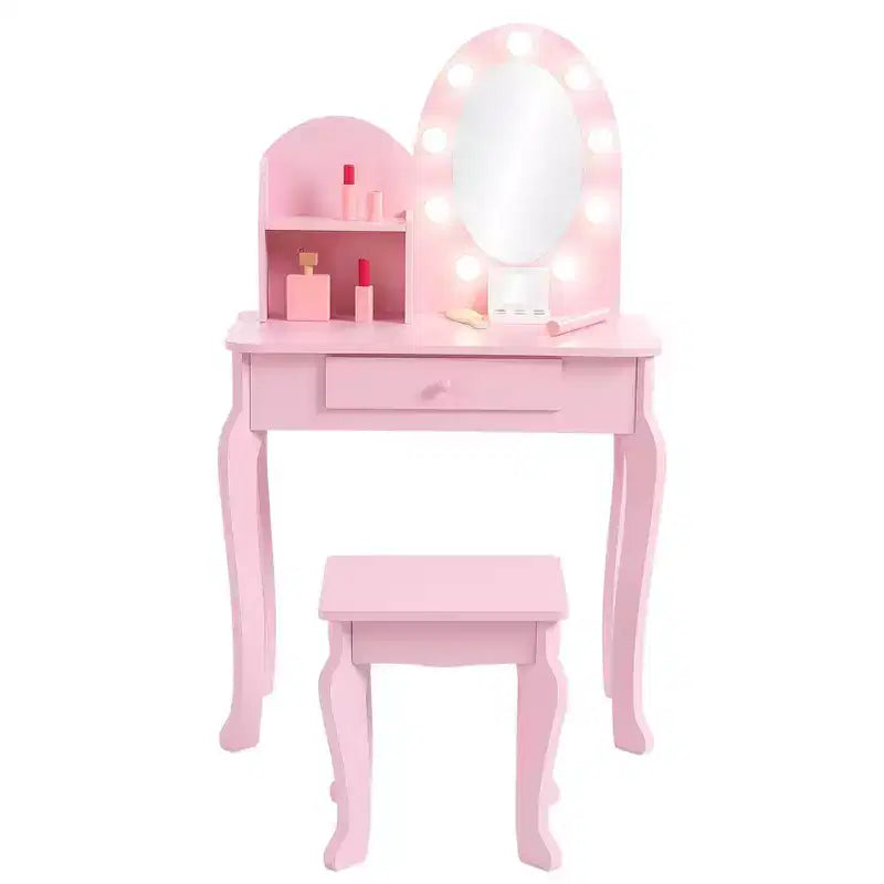 Kids Vanity Set with Stool - Wooden Princess Makeup Table with Mirror, Play Cosmetics & Storage 3