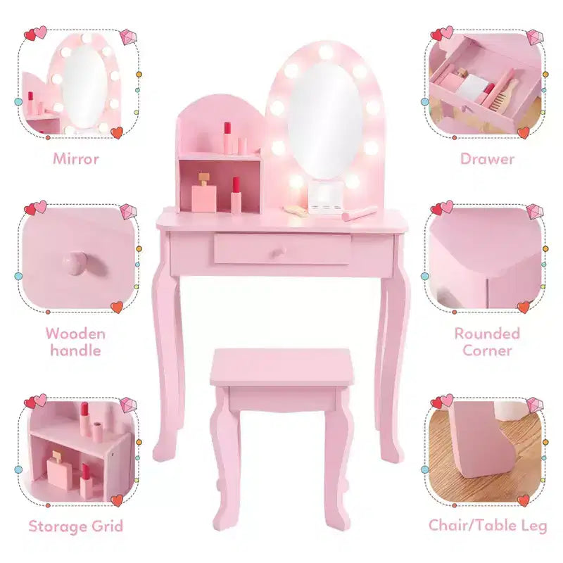 Kids Vanity Set with Stool - Wooden Princess Makeup Table with Mirror, Play Cosmetics & Storage 4