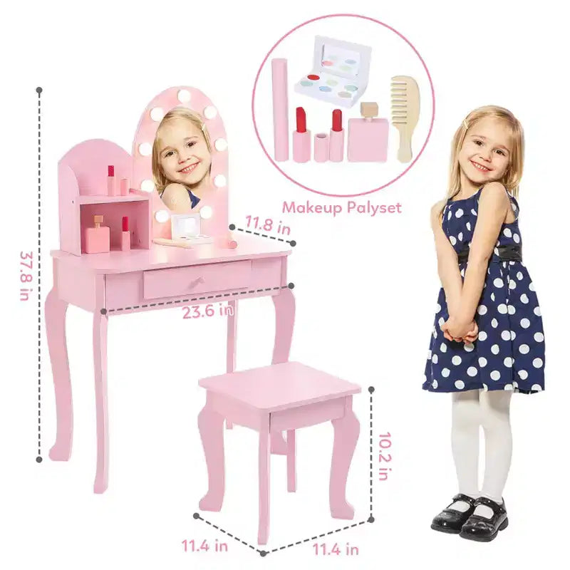Kids Vanity Set with Stool - Wooden Princess Makeup Table with Mirror, Play Cosmetics & Storage 5
