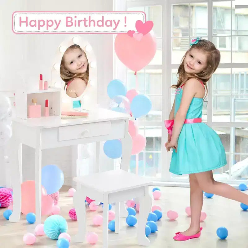 Kids Vanity Set with Stool - Wooden Princess Makeup Table with Mirror, Play Cosmetics & Storage 7