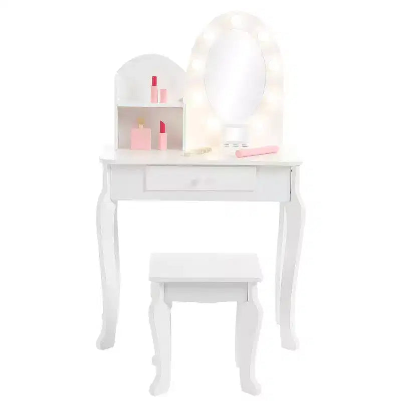 Kids Vanity Set with Stool - Wooden Princess Makeup Table with Mirror, Play Cosmetics & Storage 8