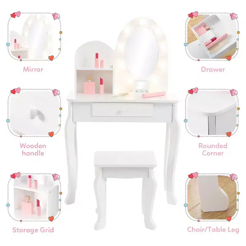 Kids Vanity Set with Stool - Wooden Princess Makeup Table with Mirror, Play Cosmetics & Storage 9