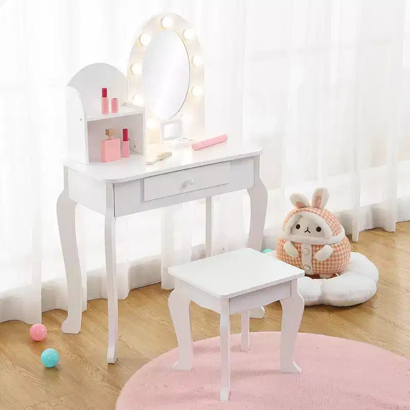 Kids Vanity Set with Stool - Wooden Princess Makeup Table with Mirror, Play Cosmetics & Storage 6