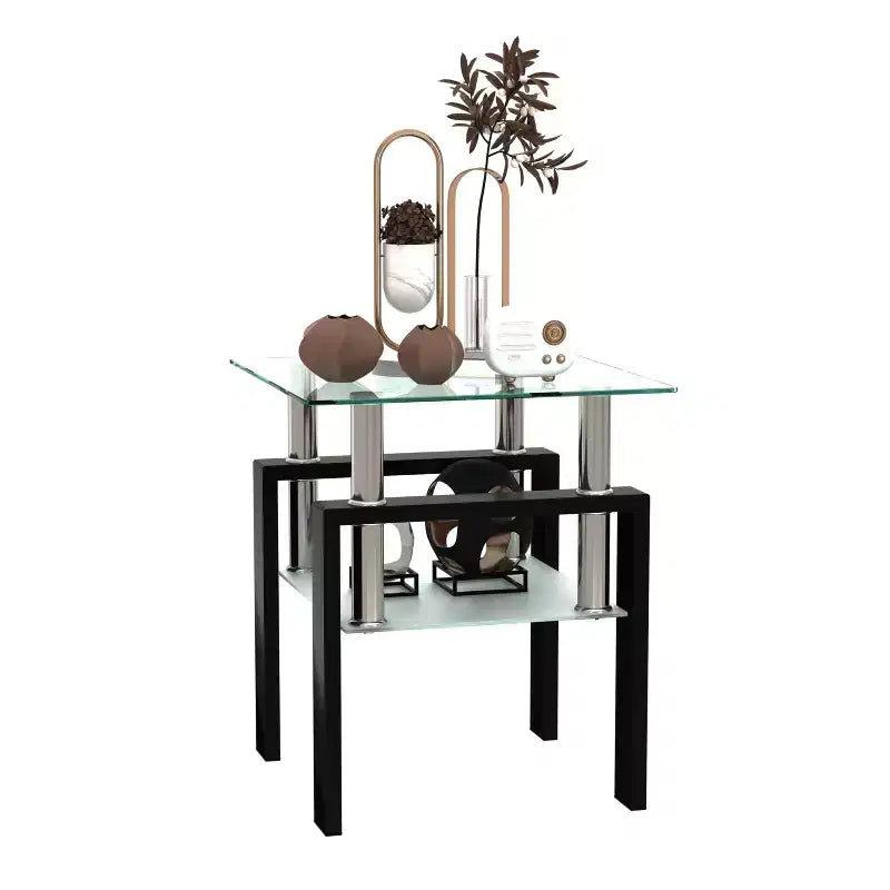 Tavolino da tè/caffè/d'appoggio moderno in vetro temperato, quadrato, per soggiorno, trasparente/nero 3