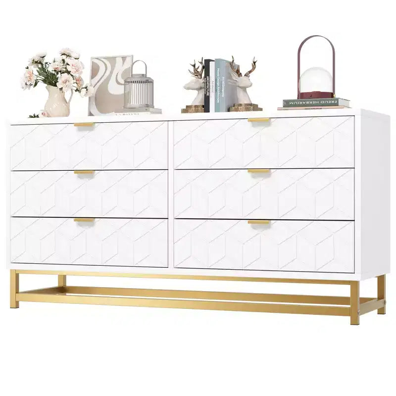 Dresser for Bedroom, 53.5 Large Dresser Organizer, 6 Drawer Dresser with Golden Metal Handle and Legs, Dressers with Drawers 11