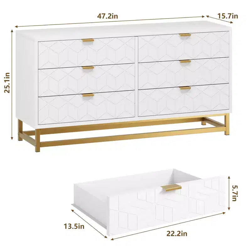 Dresser for Bedroom, 53.5 Large Dresser Organizer, 6 Drawer Dresser with Golden Metal Handle and Legs, Dressers with Drawers 12