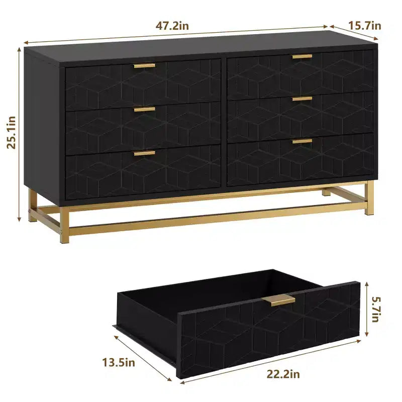 Dresser for Bedroom, 53.5 Large Dresser Organizer, 6 Drawer Dresser with Golden Metal Handle and Legs, Dressers with Drawers 6